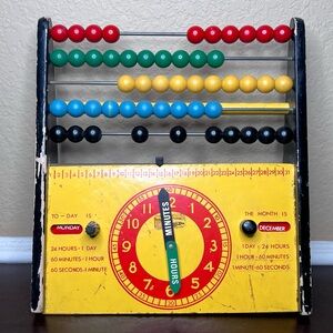Mid Century Wooden Abacus & Learning Clock – Colorful Vintage Classroom Toy